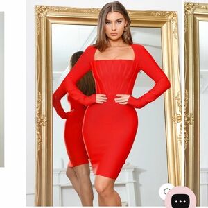Toxic Envy Boutique "Fiona" Long Sleeve Bandage Dress- Red
